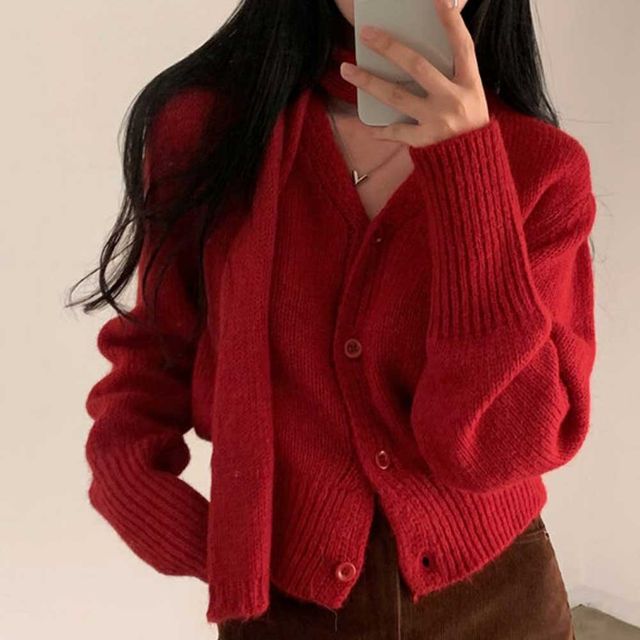 브이넥 니트 가디건 스카프 세트 TD-1004423