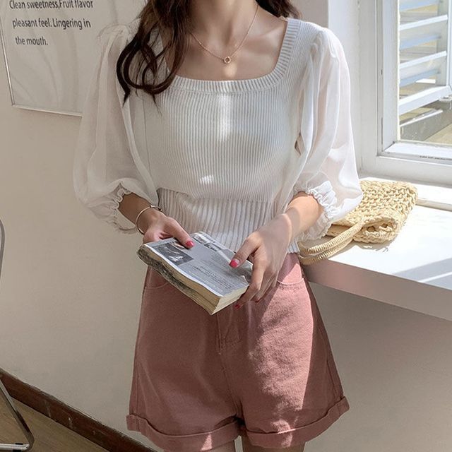 스퀘어넥 쉬폰소매 반팔니트 스퀘어넥니트