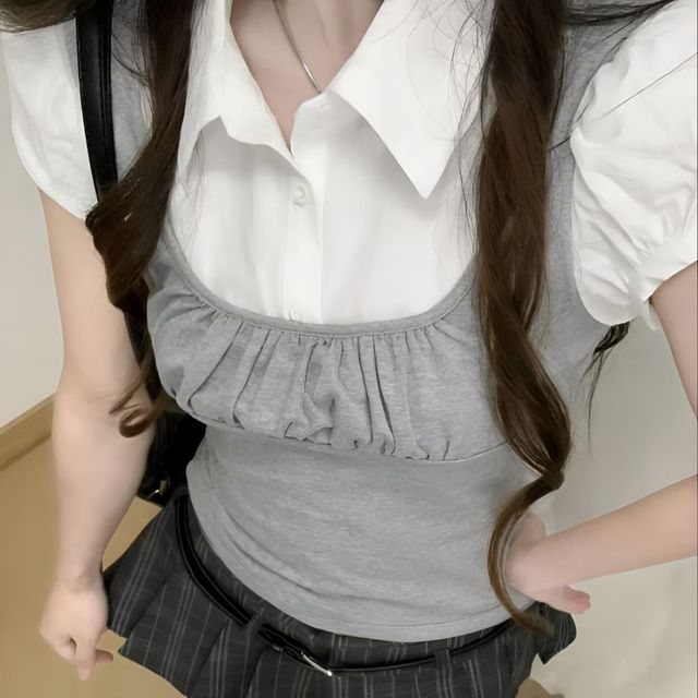 셔링 조끼 레이어드 카라 퍼프 소매 블라우스 셔츠 HPC-1008362