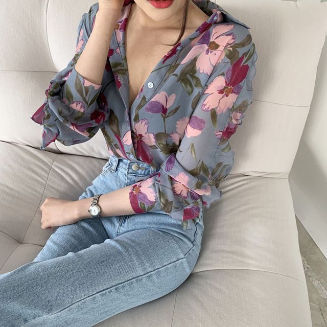 W 여성 카라 화려한 블라우스 꽃 무늬 쉬폰 셔츠 퍼플