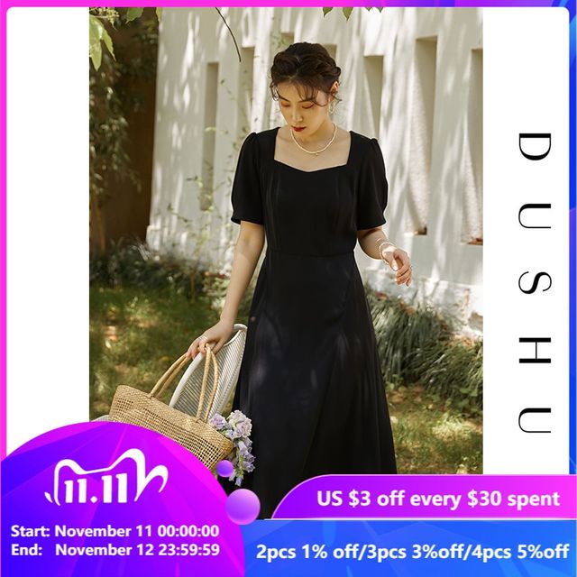 [해외] DUSHU Office 레이디 프렌치 스퀘어 칼라 블랙 드레스