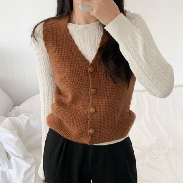 버튼 와플 니트 베스트 4color SL-1004869