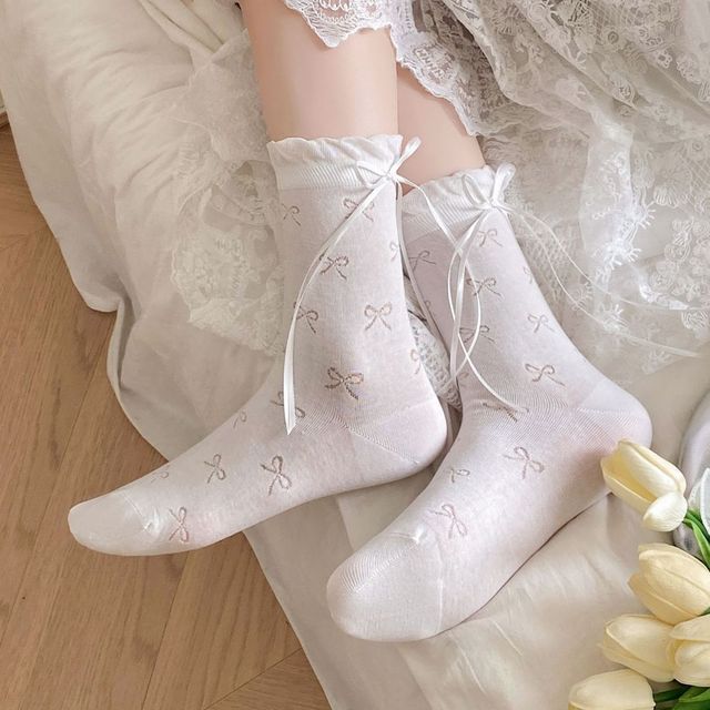 얇은 여름 리본 펀칭 발레코어 중목 양말 LM-0641