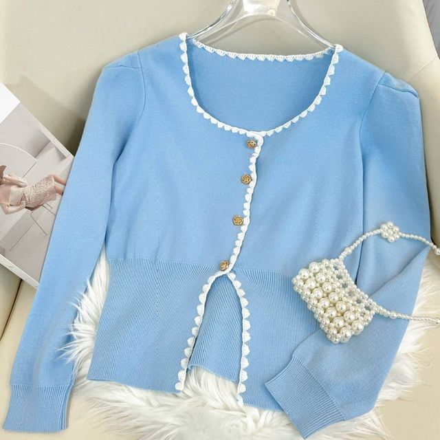 로즈 버튼 니트 가디건 스퀘어넥 긴팔 봄 가을