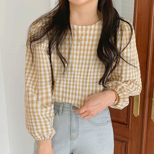 여성 고방체크 벌룬소매 2컬러 러블리 블라우스