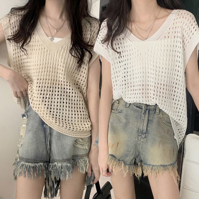여자 레이어드 펀칭 니트 브이넥 조끼 URK-499