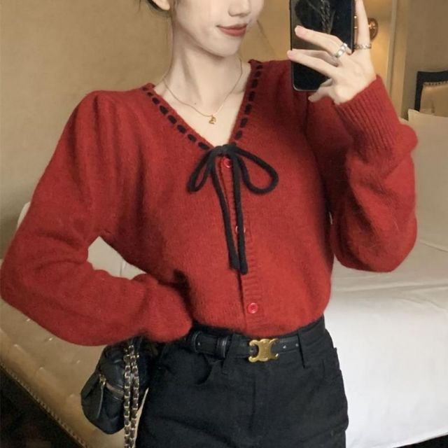 배색 리본 퍼프 니트 가디건 JSD-1004939