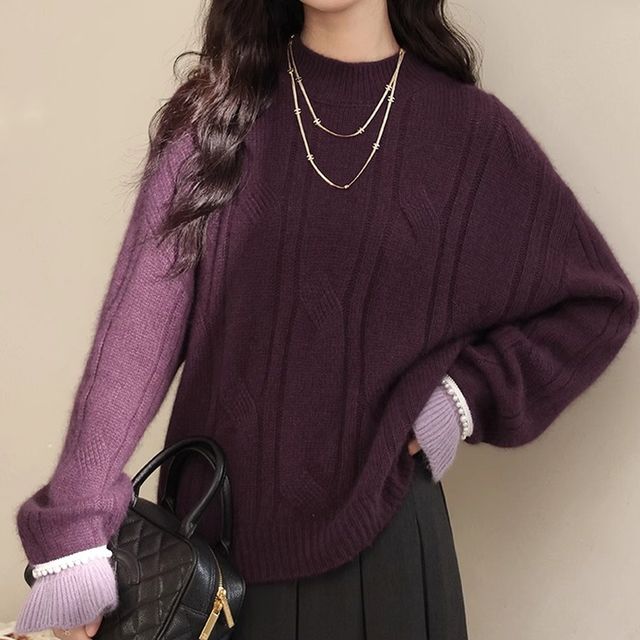 진주 소매 포인트 투톤 루즈핏 퍼플 스웨터 MFNC-1004754