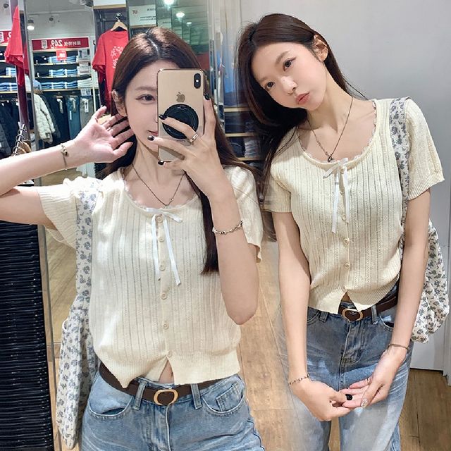 레이스 리본 반팔 니트 LL-T183