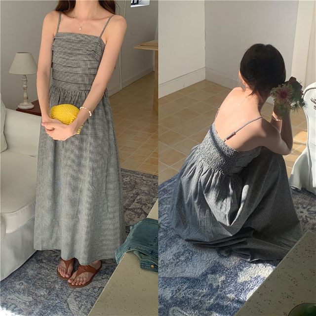 스퀘어넥 체크 끈나시 원피스 LL-1002545