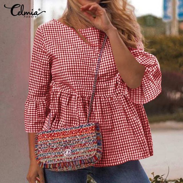 [해외] Celmia-여성용 빈티지 격자 무늬 블라우스 체크 셔츠