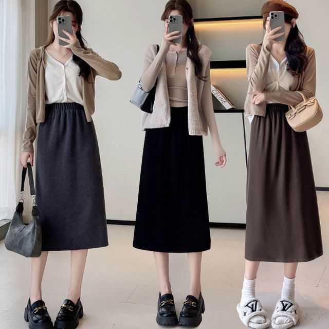 여성 허리 밴딩 트임 쫀쫀 스커트 치마 URK-430