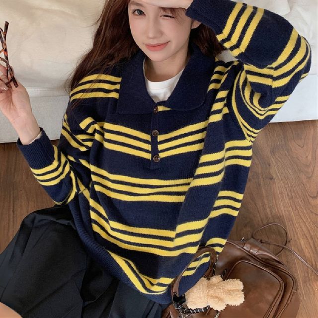 카라 스트라이프 니트 맨투맨 LL-1004600