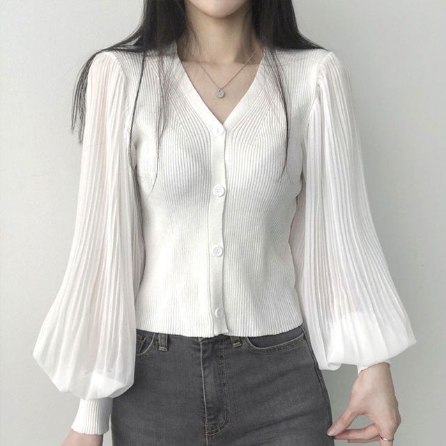 브이넥 퍼프 플리츠 블라우스 골지 가디건 DK-1003453