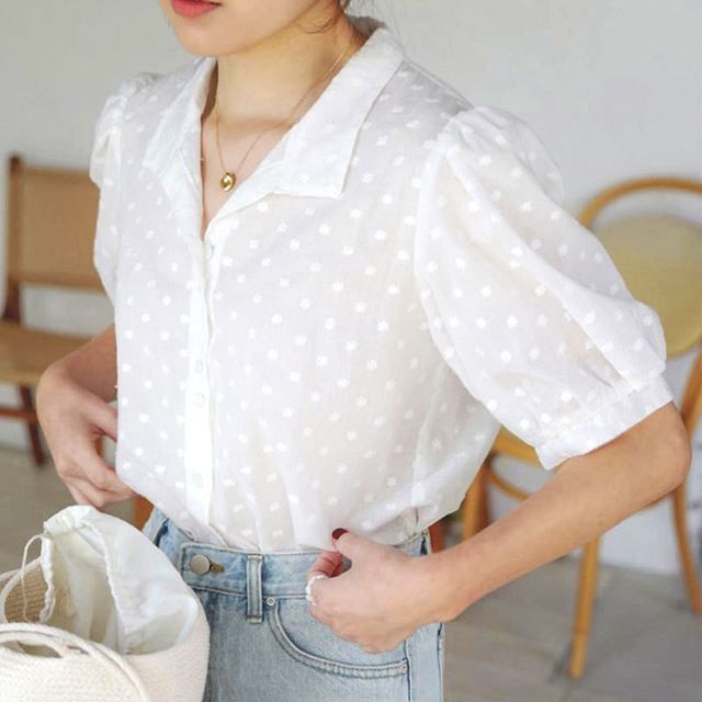 퍼프소매 시스루 블라우스 반팔블라우스 프릴블라우스