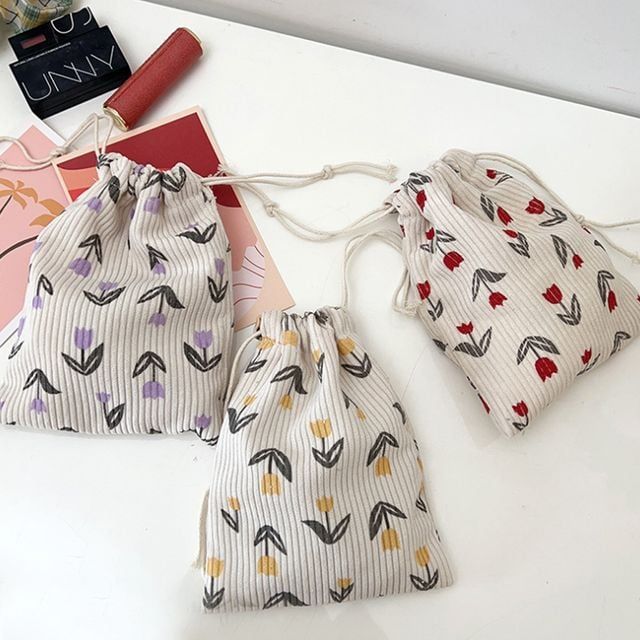 코듀로이 2타입 플라워 파우치 스트링형 지퍼형 포켓