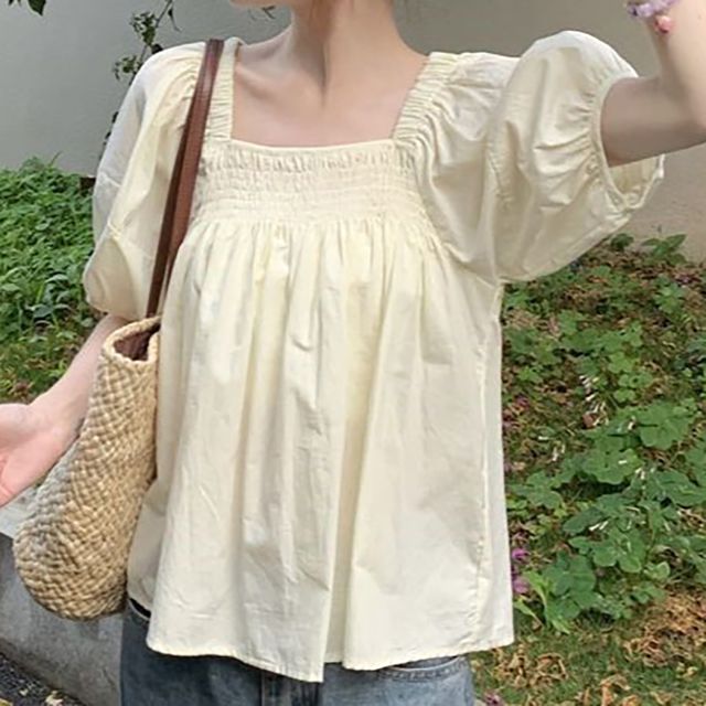 스퀘어넥 벌룬소매 스모크밴딩 반팔블라우스 NF-57