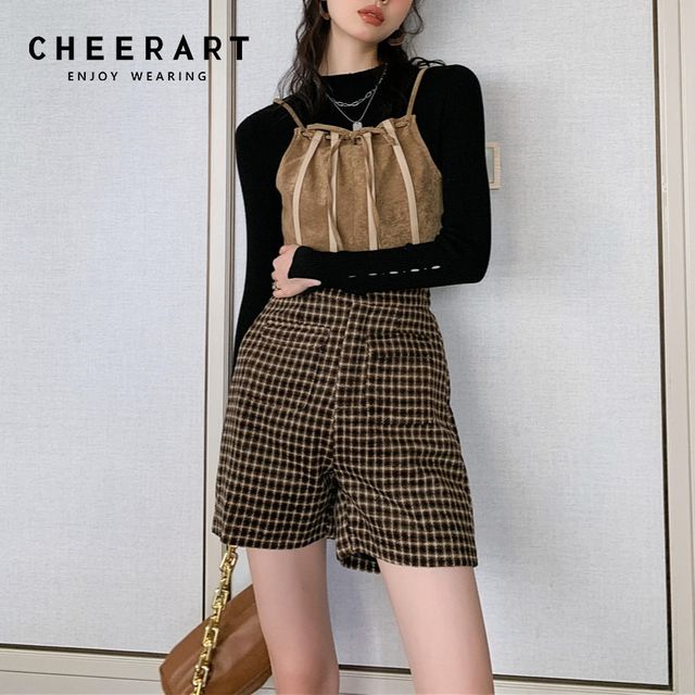 [해외] CHEERART Wool Blends 격자 무늬 반바지 여성 High Wa