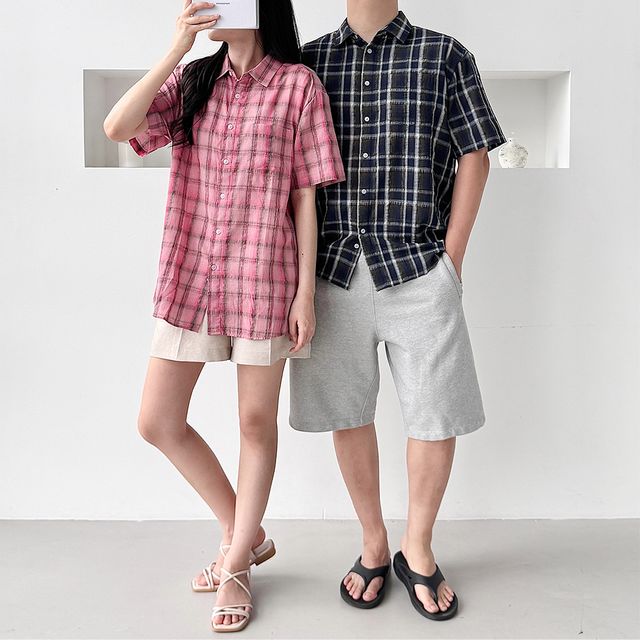 볼카 남녀공용 린넨 체크 반팔셔츠 여름남방 SD-250637