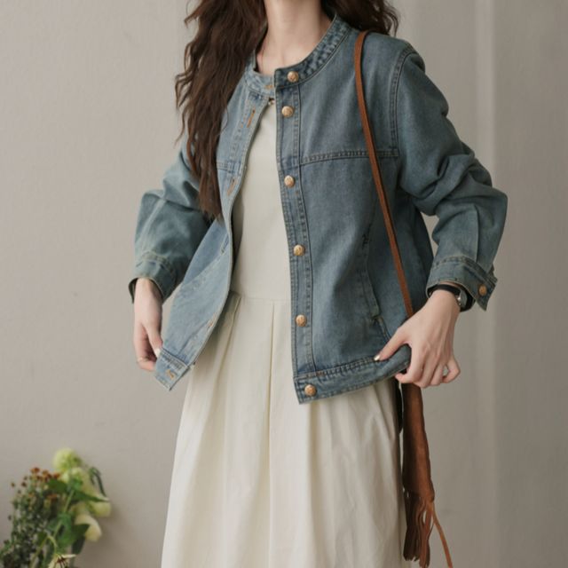 모던 라운드넥 노카라 데님 자켓 JSC-d0070