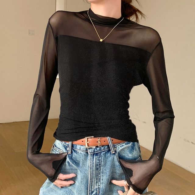 시스루 벨벳 반목 티셔츠 LM-0693