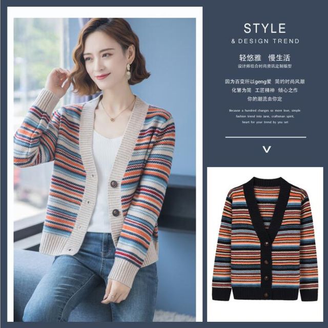[해외] 여성 가을겨울 줄무늬 니트 카디건 V카라 스웨터