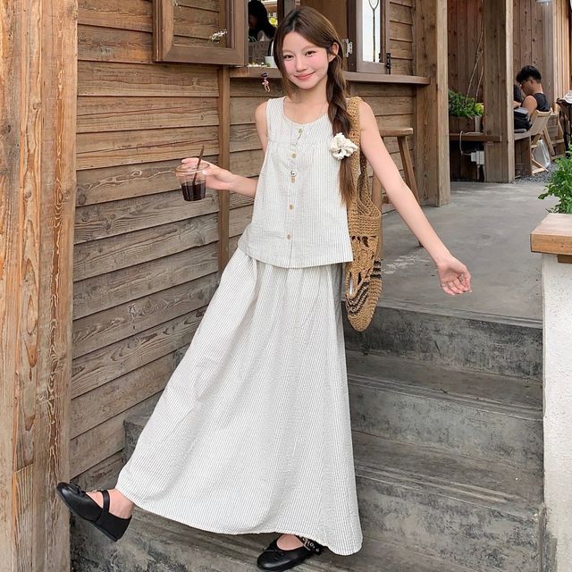 스트라이프 민소매 밴딩스커트 투피스 LL-1003084