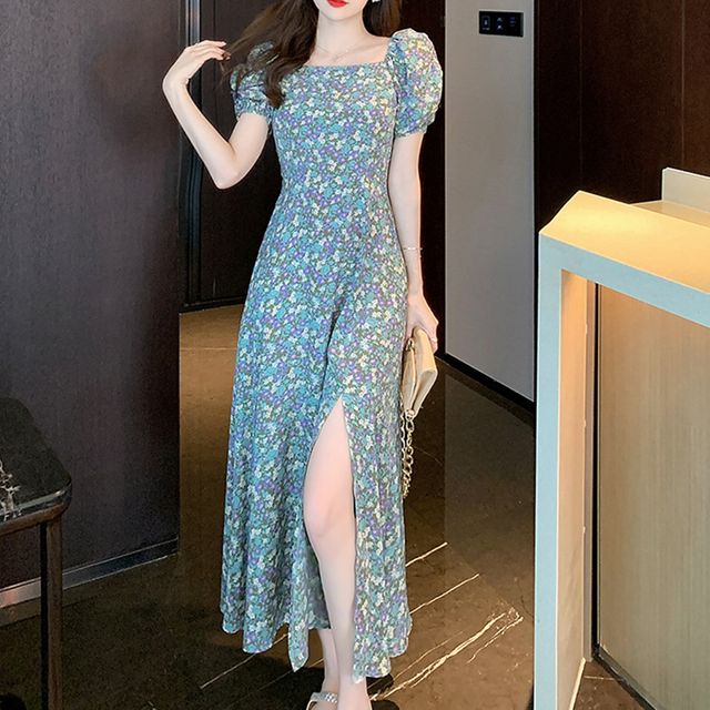 스퀘어넥 플라워 트임 롱 원피스 A라인 퍼프소매