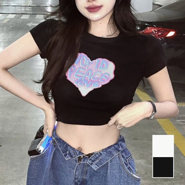여성 하트 영문 프린팅 크롭 반팔티 URD-207