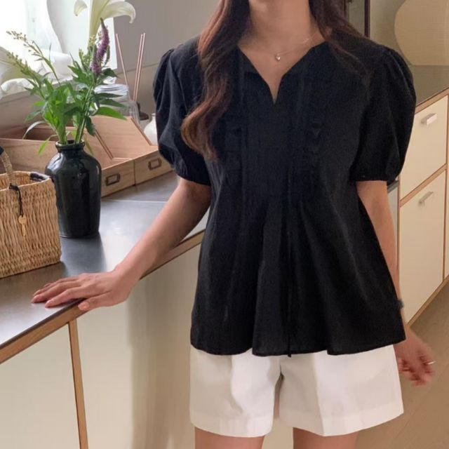 로맨틱 퍼프 리본 반팔 블라우스 JSD-1004257