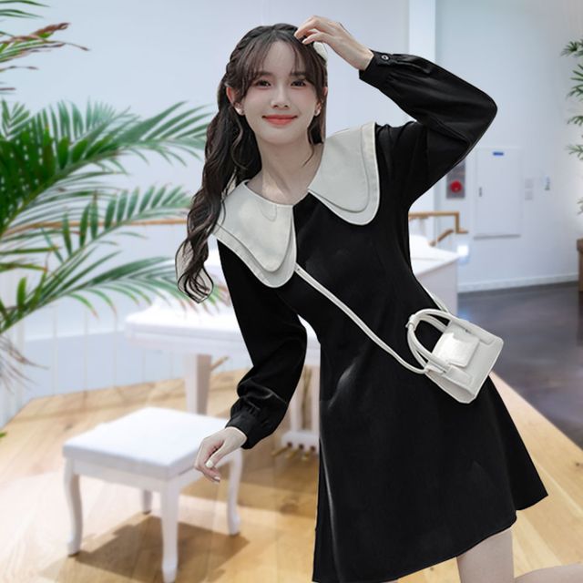 카라 원피스 여성 호텔 여행 스커트 긴팔 A라인