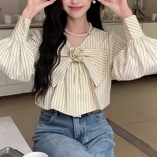 리본 스트라이프 블라우스 TD-1004611