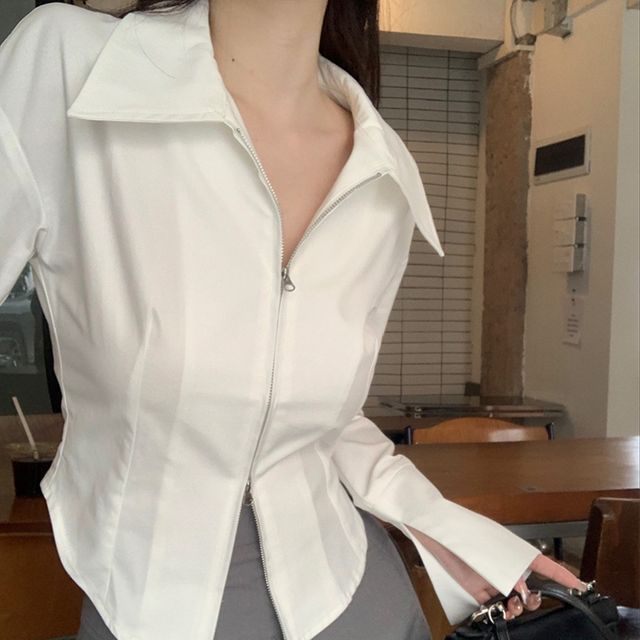 여성 화이트 카라 투웨이 지퍼 긴팔 셔츠 봄 가을