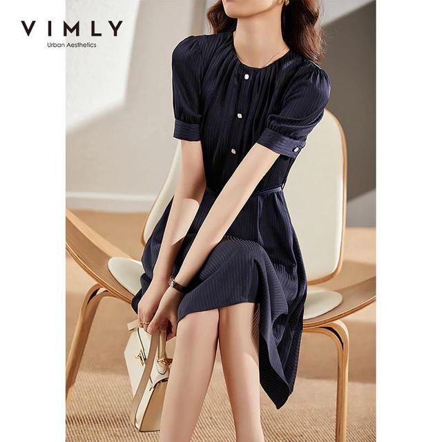 [해외] VIMLY 새로운 여름 여성 쉬폰 드레스 패션 주름 O 넥