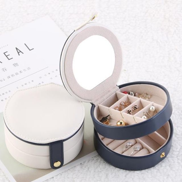 키밍 원형보석함 2단 액세서리 미니 가죽 보석함