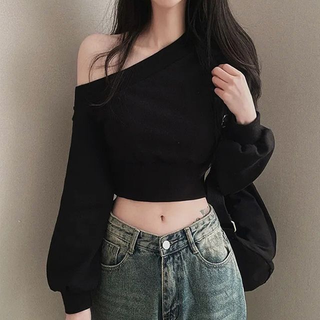 원숄더 크롭 긴팔 티셔츠 DA-1006598