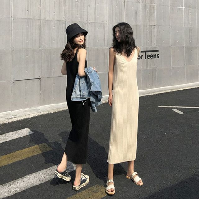 2컬러 골지 니트 롱원피스 나시 골지원피스 슬림니트