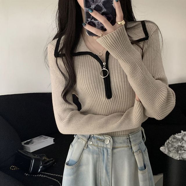 다비스 골지 카라 반지퍼 슬림핏 티셔츠 SD-251181