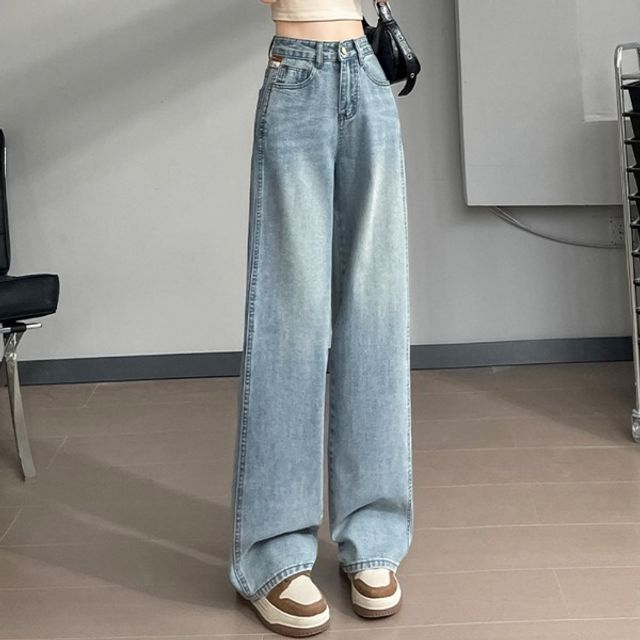 하이웨스트 일자 와이드 데님 여성 워싱 청바지 연청