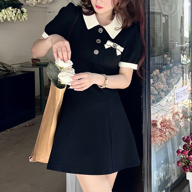 카라 배색 반팔 리본브로치 블랙 플레어미니원피스 NF-63