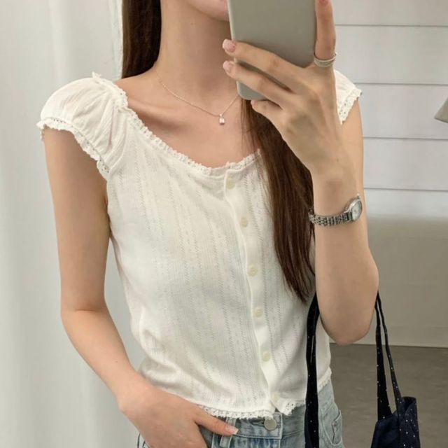 스퀘어넥 셔링 오프숄더 프릴 슬림핏 나시티 HPC-1008689