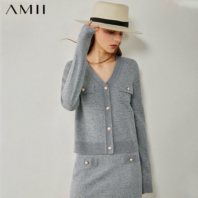 [해외] AMII 미니멀리즘 가을 여성 탑 패션 풀오버 Vneck 싱