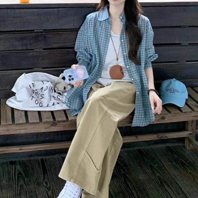 내추럴 블루 체크 루즈핏 셔츠 JSC-1004242