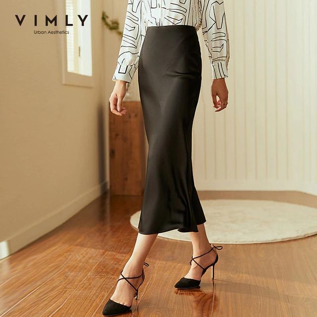 [해외] Vimly 새틴 스커트 여성용 패션 하이 웨이스트 스트레