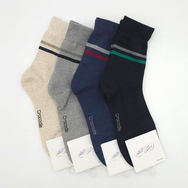 크로커다일 남성 배색두줄 중목양말 5켤레 ELY-9006
