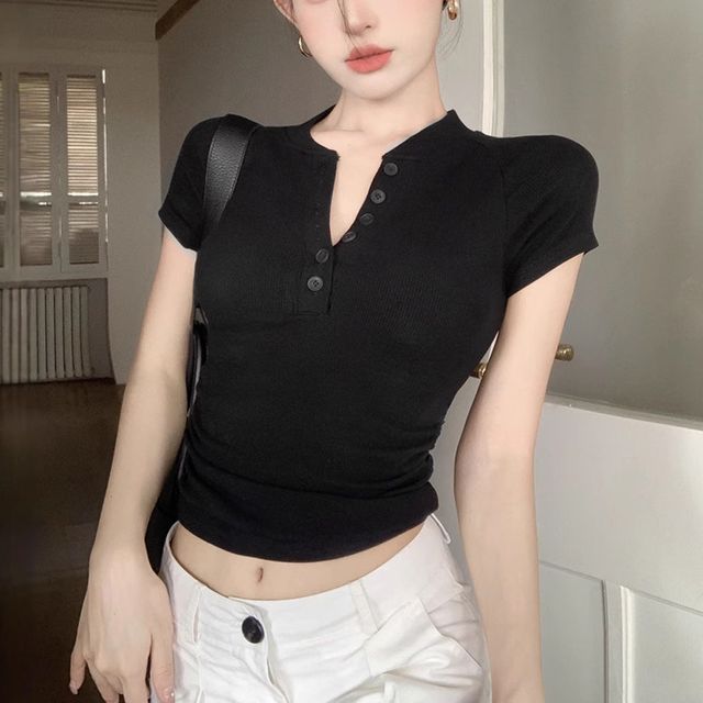 여성 티셔츠 골지 캡소매 반팔 세미크롭 슬림핏 상의