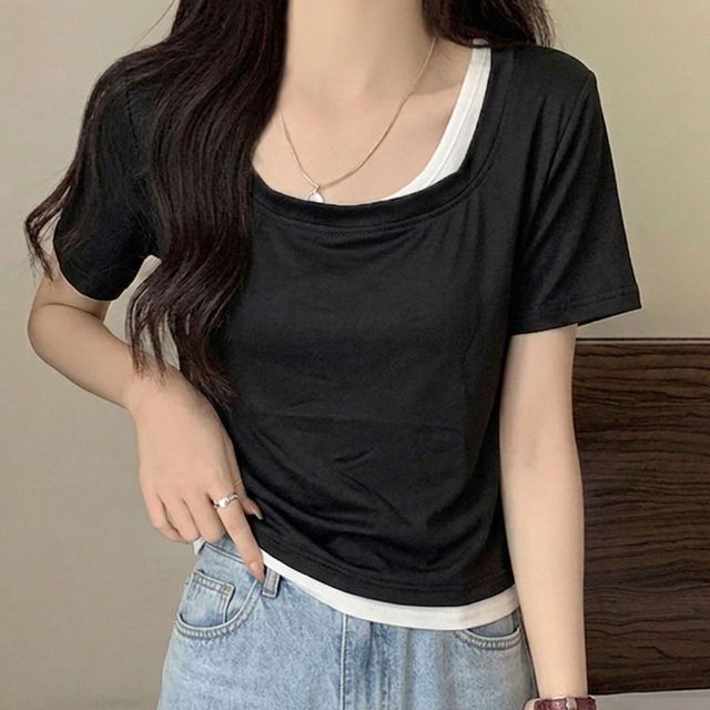 사선 이중 레이어드 반팔 티셔츠 LM-1008062