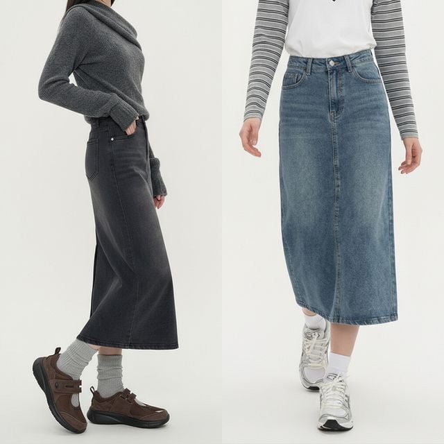 뒷트임 워싱 스판데님 롱 스커트 JEB-1006699