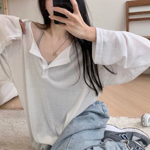 소프트 헨리넥 버튼 긴팔 티셔츠 JSC-1004236