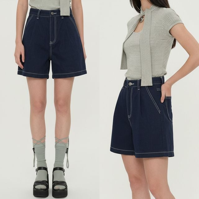 여성 A라인 코튼 핀턱 스티치 4부 반바지 JEB-1007411